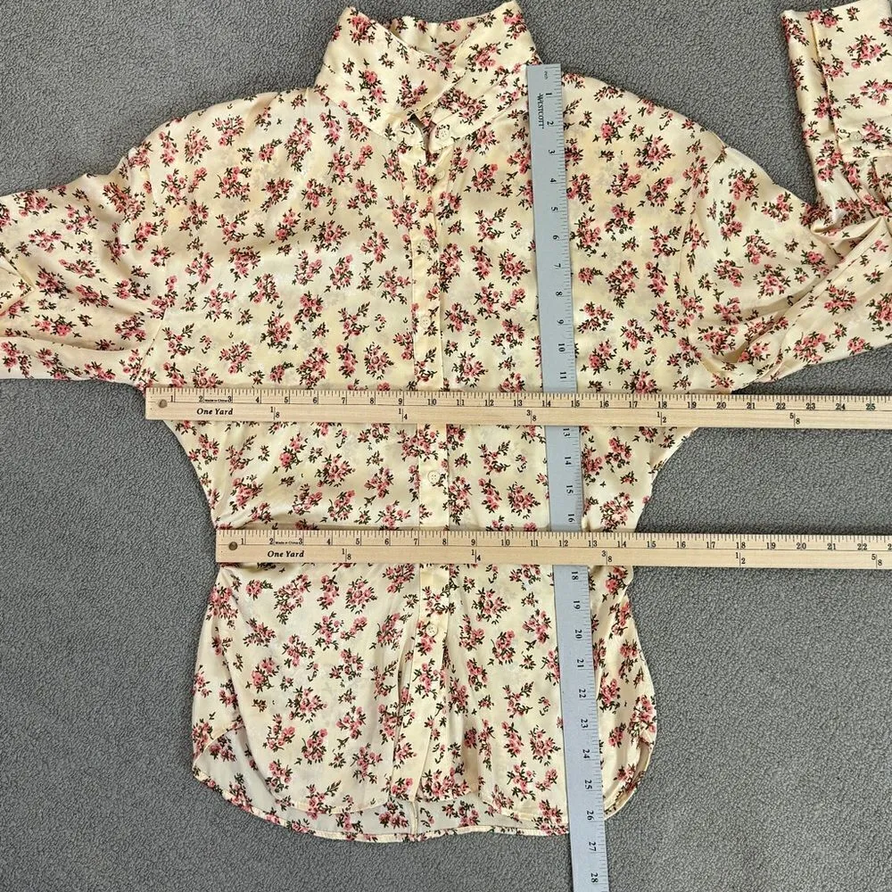 Zara Satin Floral Print Ruched Sides Blouse Cream Pink Small Button Front - Image 13