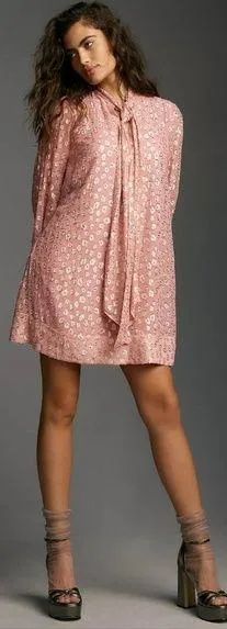 Anthropologie Maeve Long Sleeve Tie Neck Mini Dress Pink Rose Metallic Large NWT - Image 2