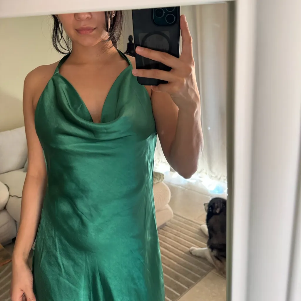 Altar’d State Women’s Britta Marjorie Sleeves Satin Green Mini Dress Size Small - Image 2