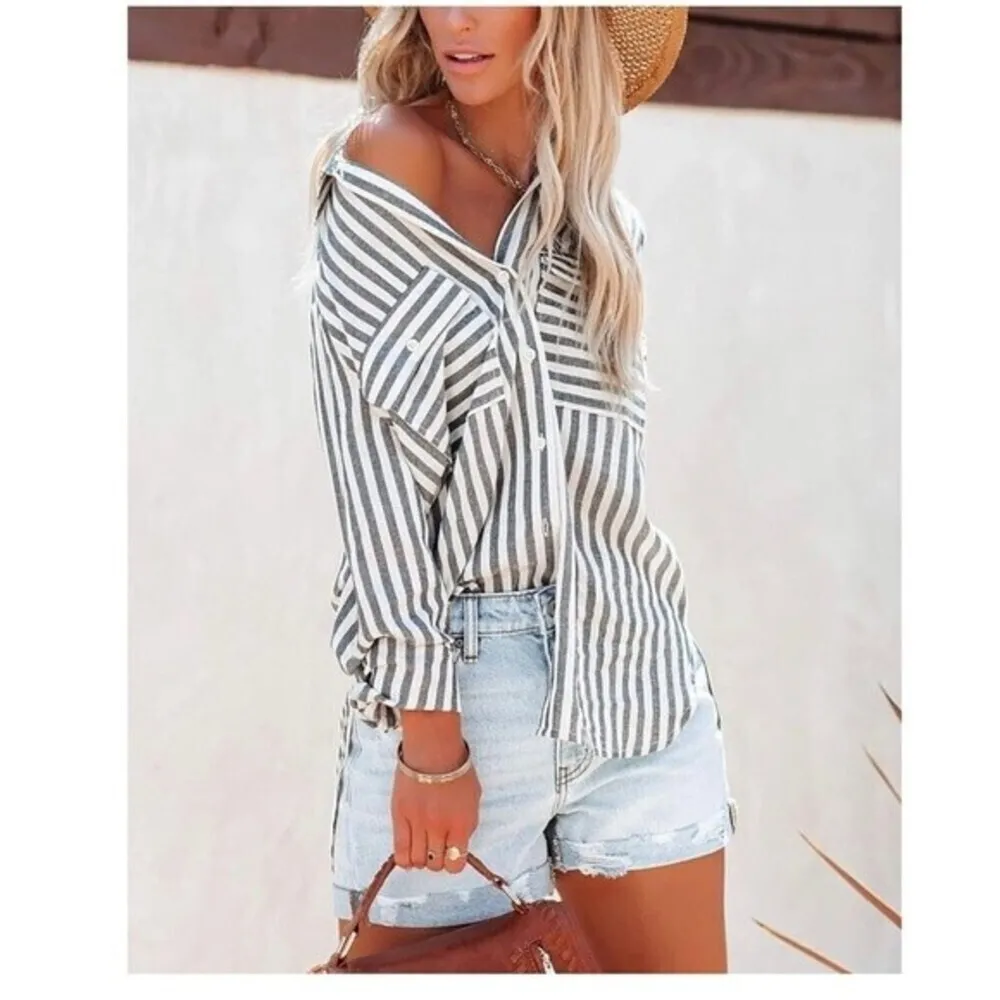 Women's Black Striped Button Down Shirts Casual Long Sleeve Stylish Tops. - Image 3