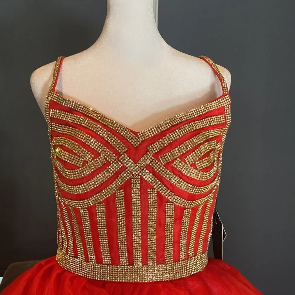 Women’s Red Short Homecoming Dress Corset Back Sparkly Gold Detail Size 8 NWT Red - Image 2