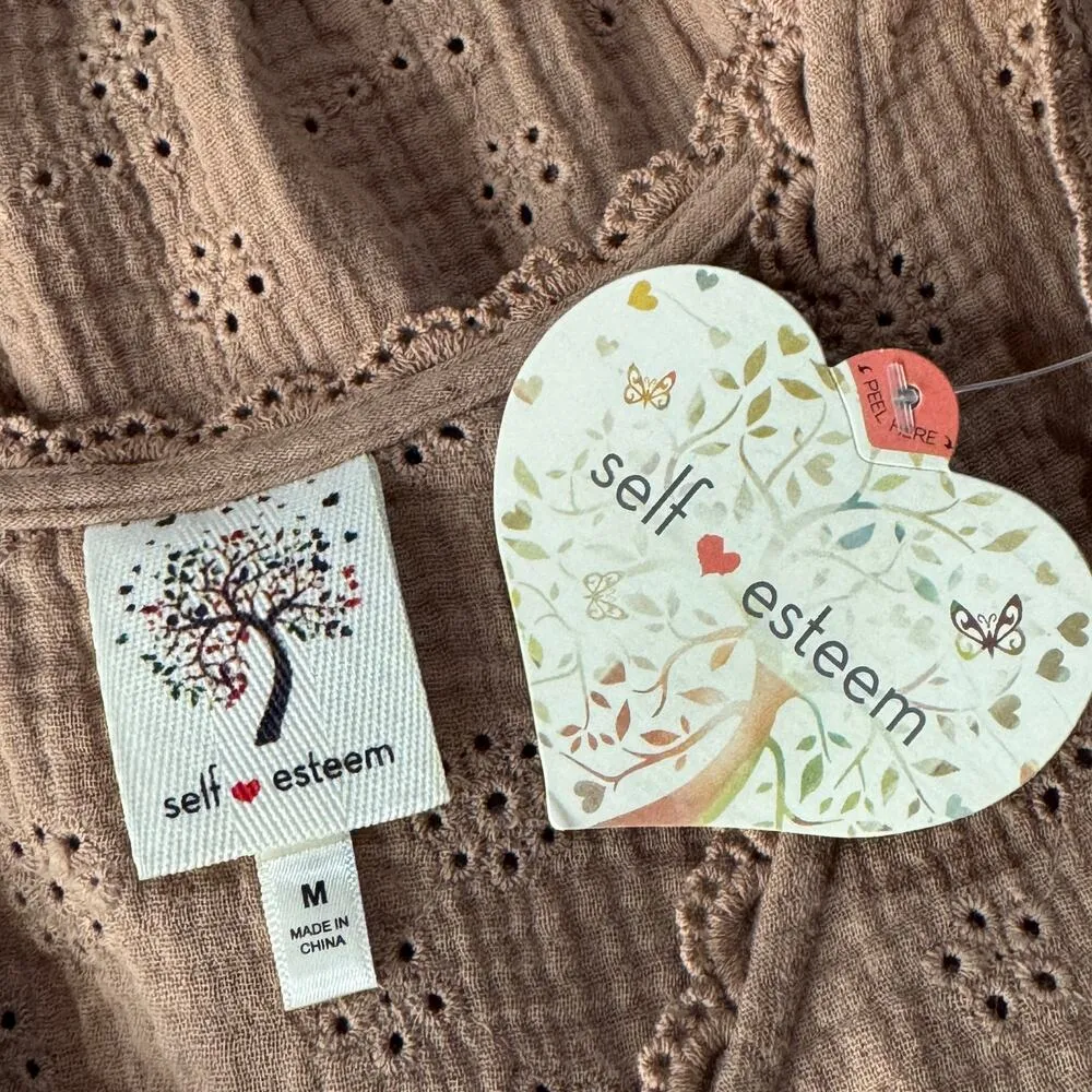 Self Esteem JRS Medium Floral Eyelet Top Crochet V-Neck Sleeveless Ruffled Tan - Image 6