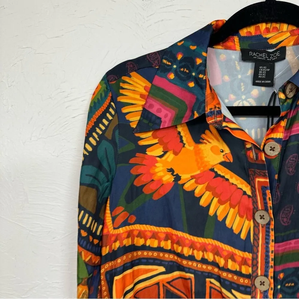 Rachel Zoe Colorful Tropical Print Button Down Shirt Womens XS Bird Palm Tree - Image 5