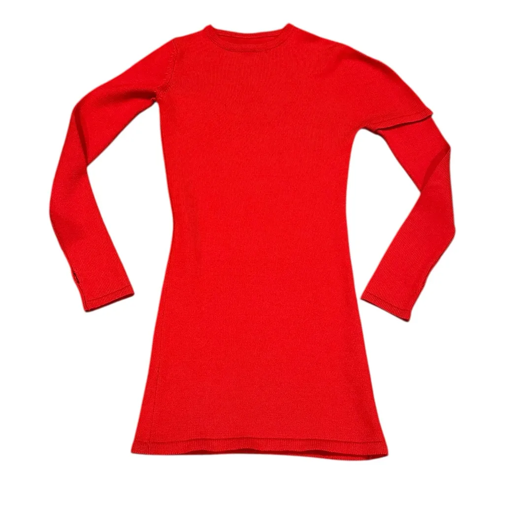 JACQUEMUS ORANGE-RED RIBBED FINE WOOL CREWNECK LONG SLEEVE THUMBHOLE DRESS L 40 - Image 2