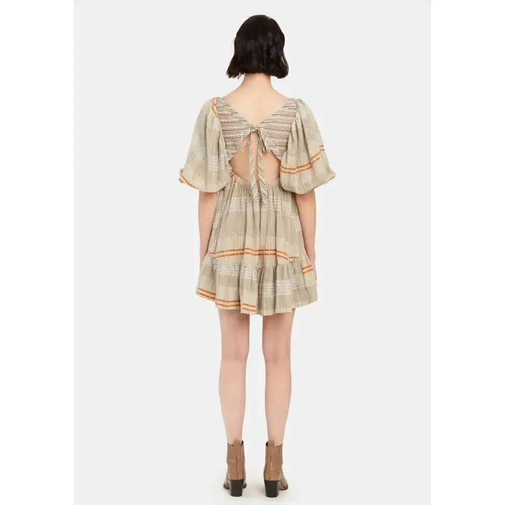 Free People Cotton Blend open tie back mini dress balloon sleeve Boho Western M - Image 3