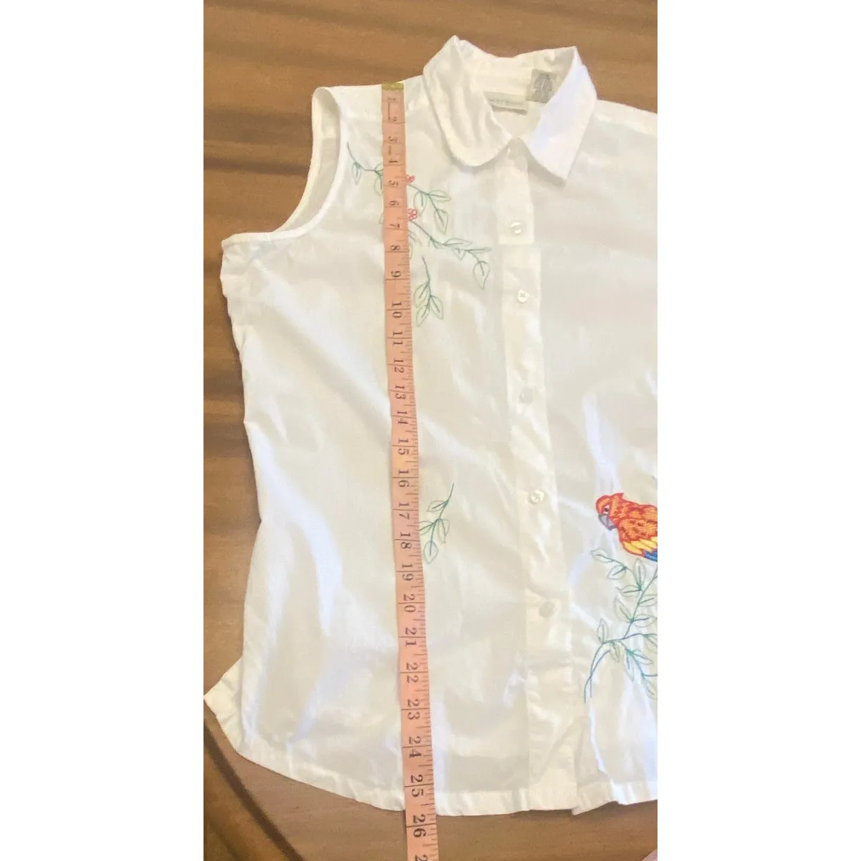 Kim Rogers Sleeveless White Embroidered Bird Blouse Cotton Button Front M Resort - Image 7