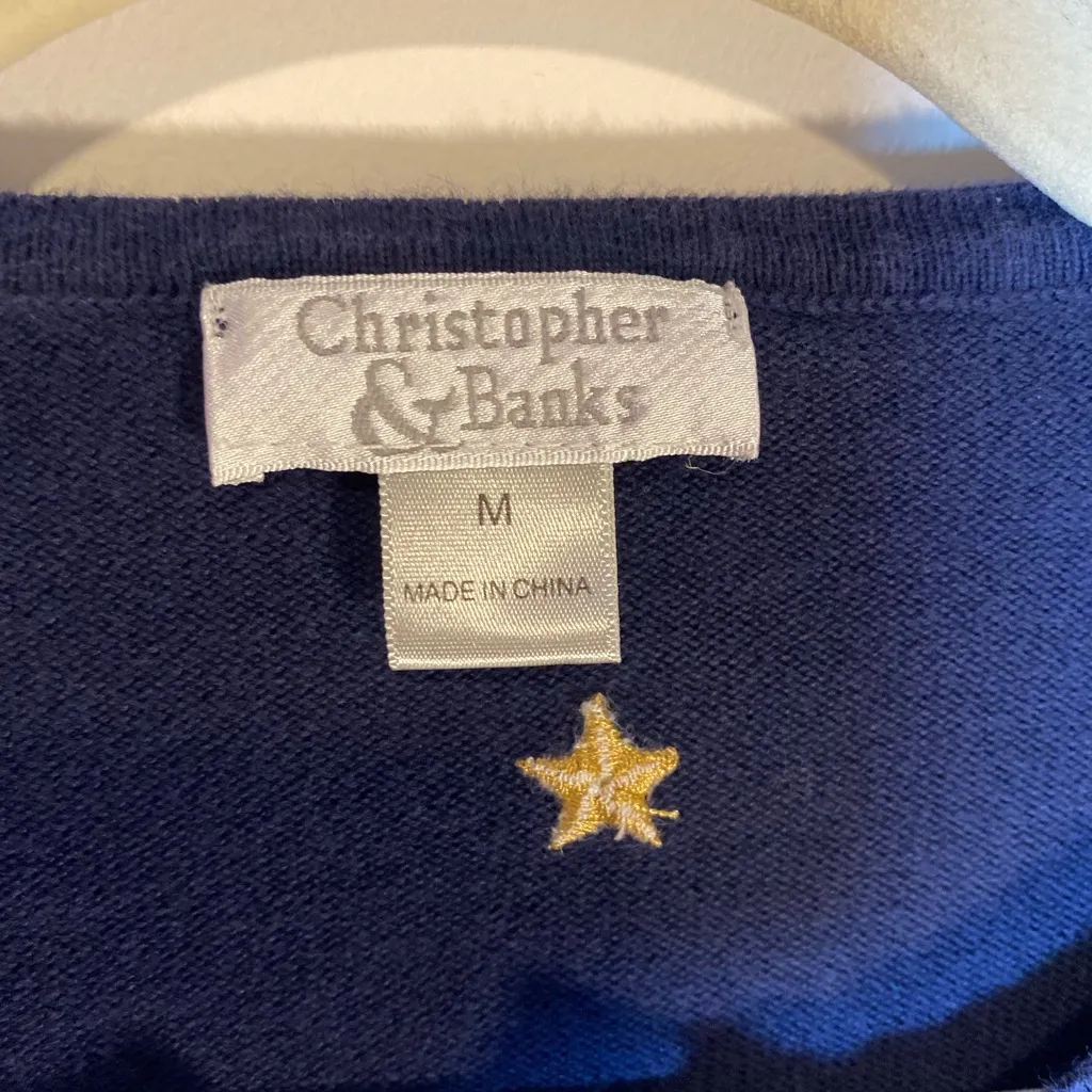 Christopher & Banks Navy Blue Embroidered Full-Zip Penguin Cardigan Medium - Image 5