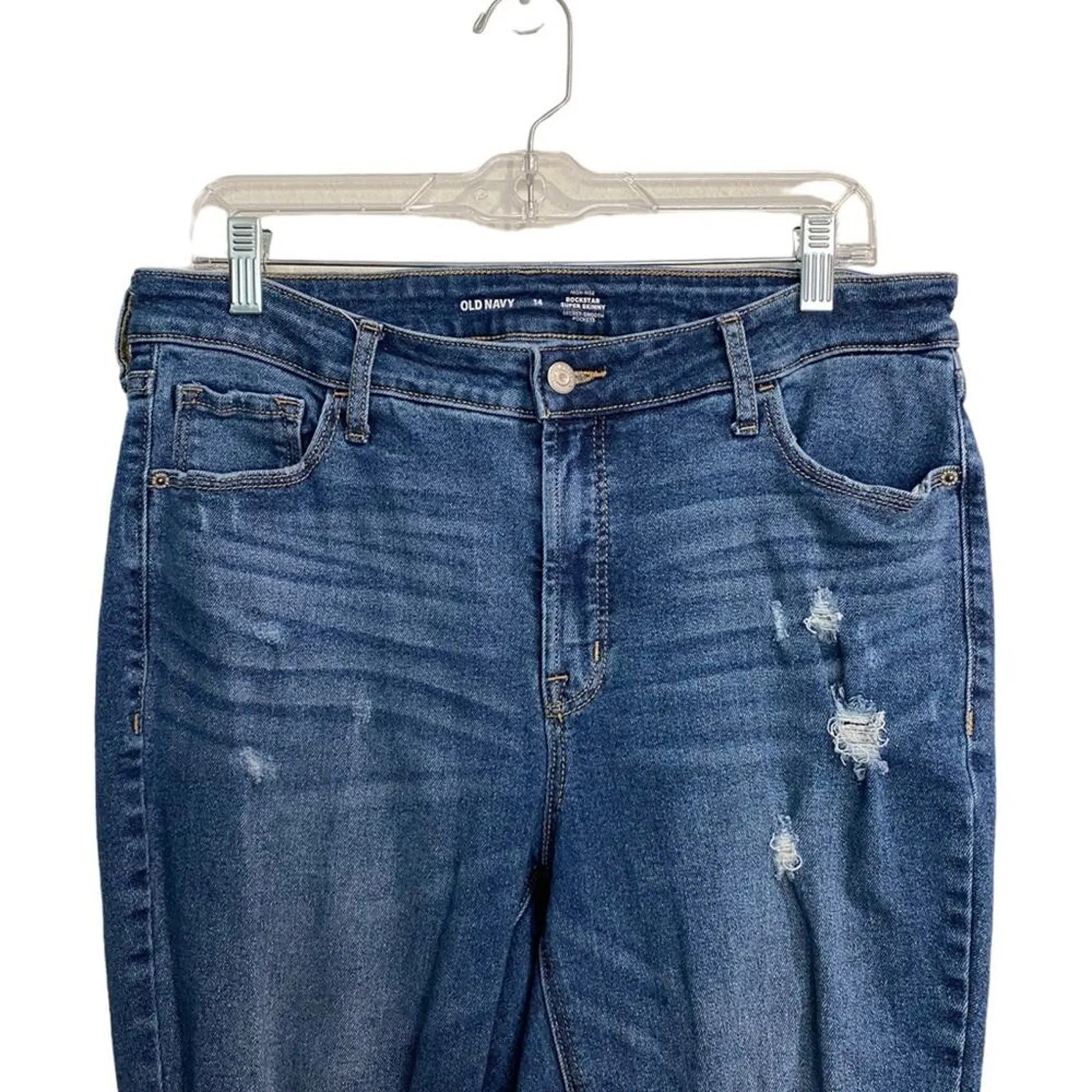 Old Navy Blue Denim Distressed Rockstar Super Skinny High Rise Jeans Sz 14 - Image 5