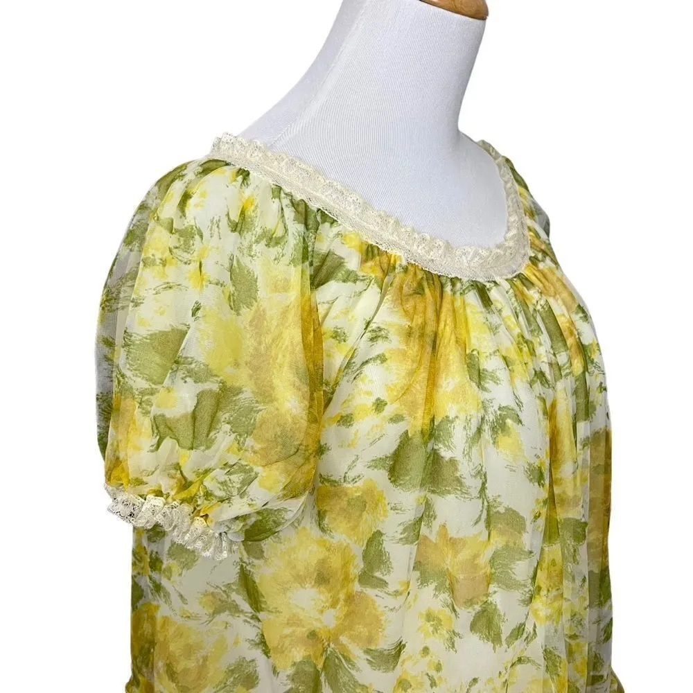 Vintage 60’s/70’s Floral Babydoll Nightie Yellow Green Chiffon Ruffle M Size M - Image 3