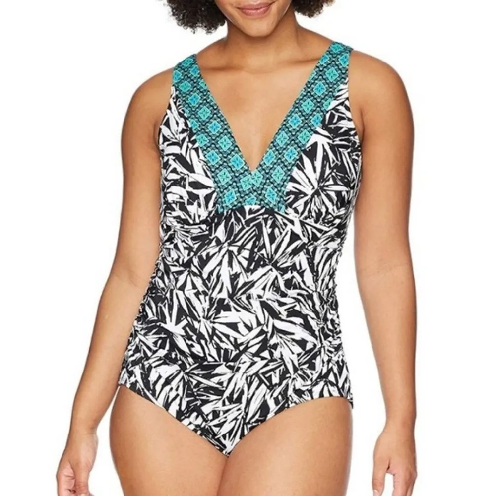 Coastal Blue Flowering Fern Black White Tummy Control One Piece Swimsuit Size XS - Image 3