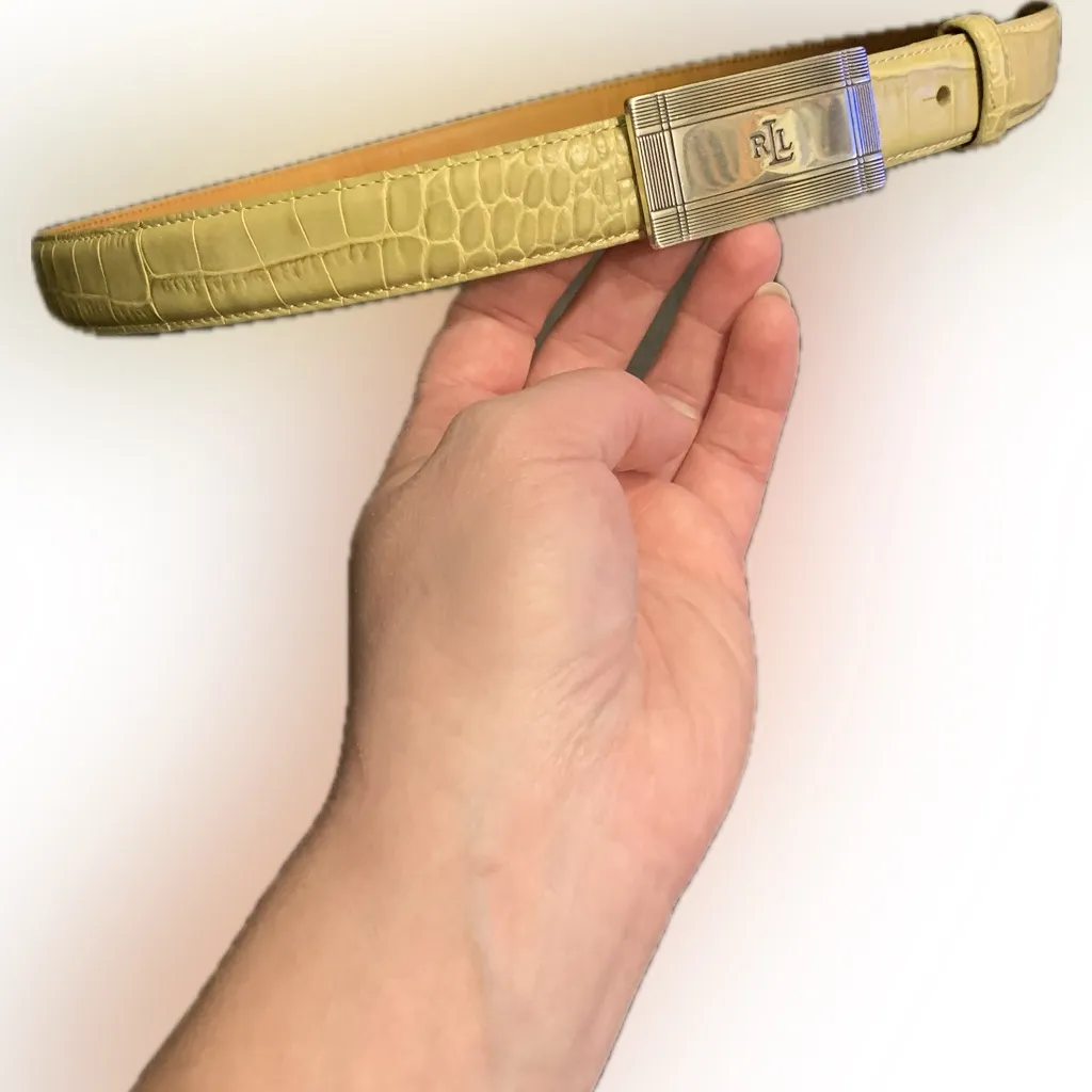 LRL Ralph Lauren Italian Leather Sage Green Croc Embossed Belt Silver Buckle S - Image 2