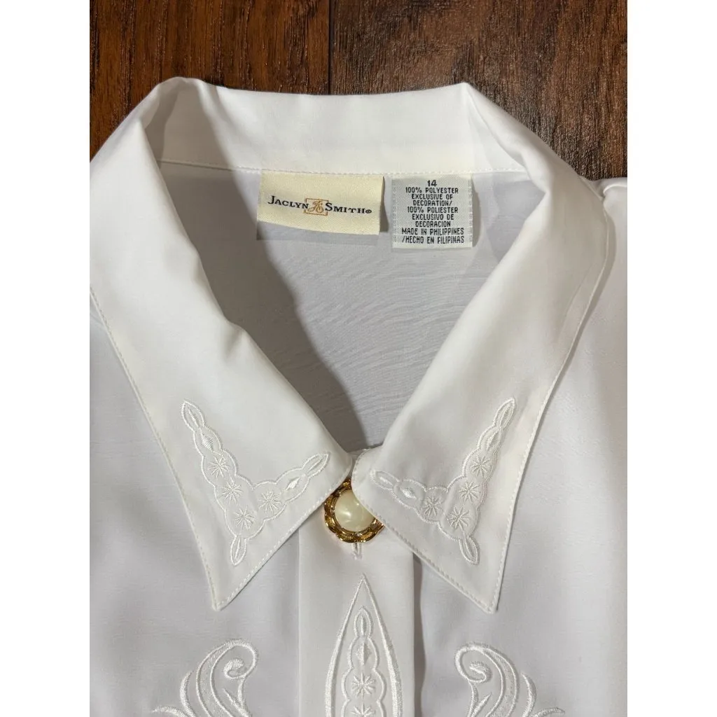 Vintage Jaclyn Smith White Embroidered Blouse With Pearl Buttons Size 14 - Image 5