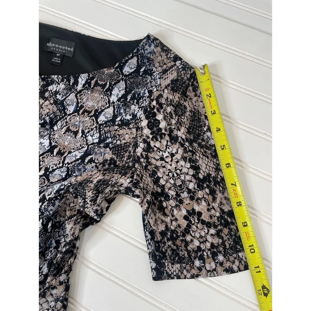 Connected Ruched Mini Sheath Dress Black & Tan Animal Snakeskin Python Size 4P - Image 8