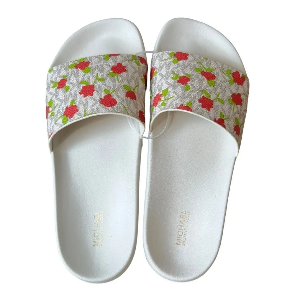 MICHAEL KORS Signature Vanilla Cream Floral Monogram Logo Slip On Slides - Image 9