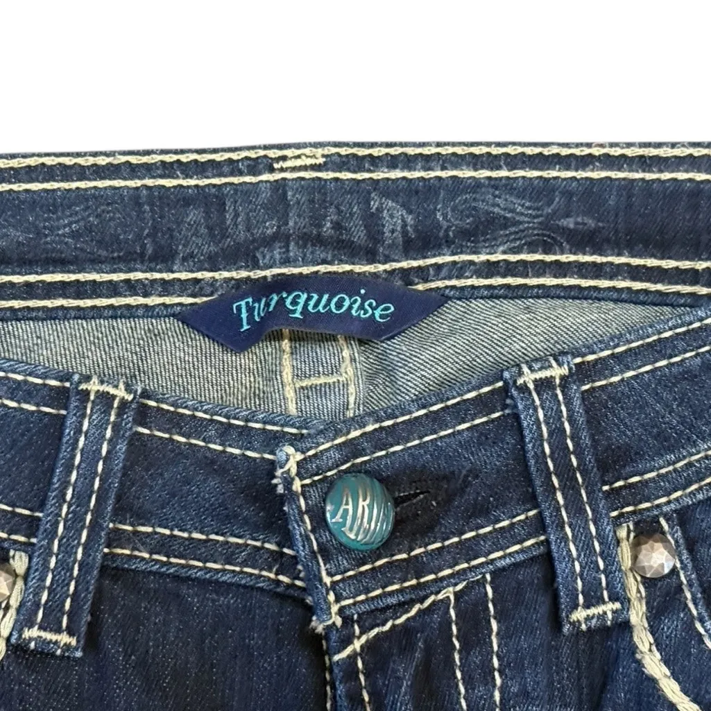 Ariat Women’s Darkwash ARIAT Jeans 29 X 33 TURQUOISE Embellished Long EUC - Image 12