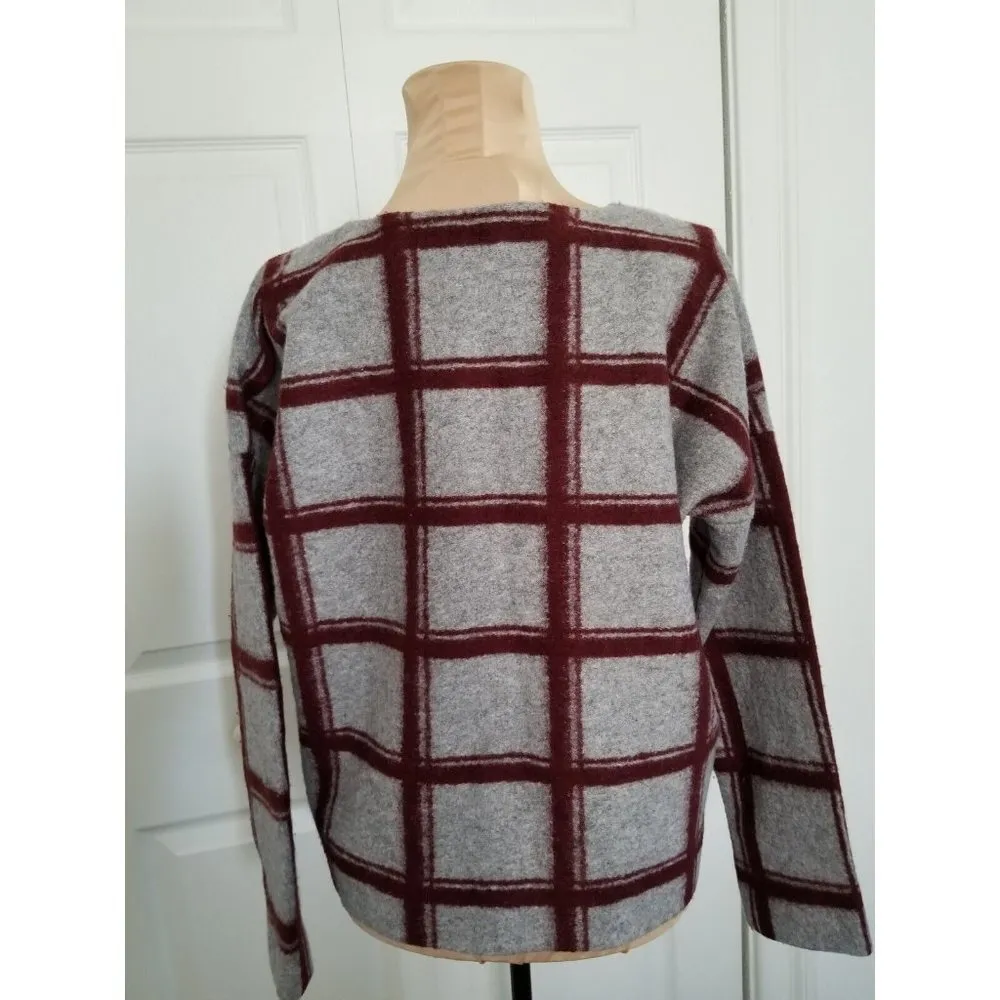 Madewell  Windowpane Wool Blend Fleece Boxy Crop Sweater Top Gray Burgundy Sz XS - Image 2