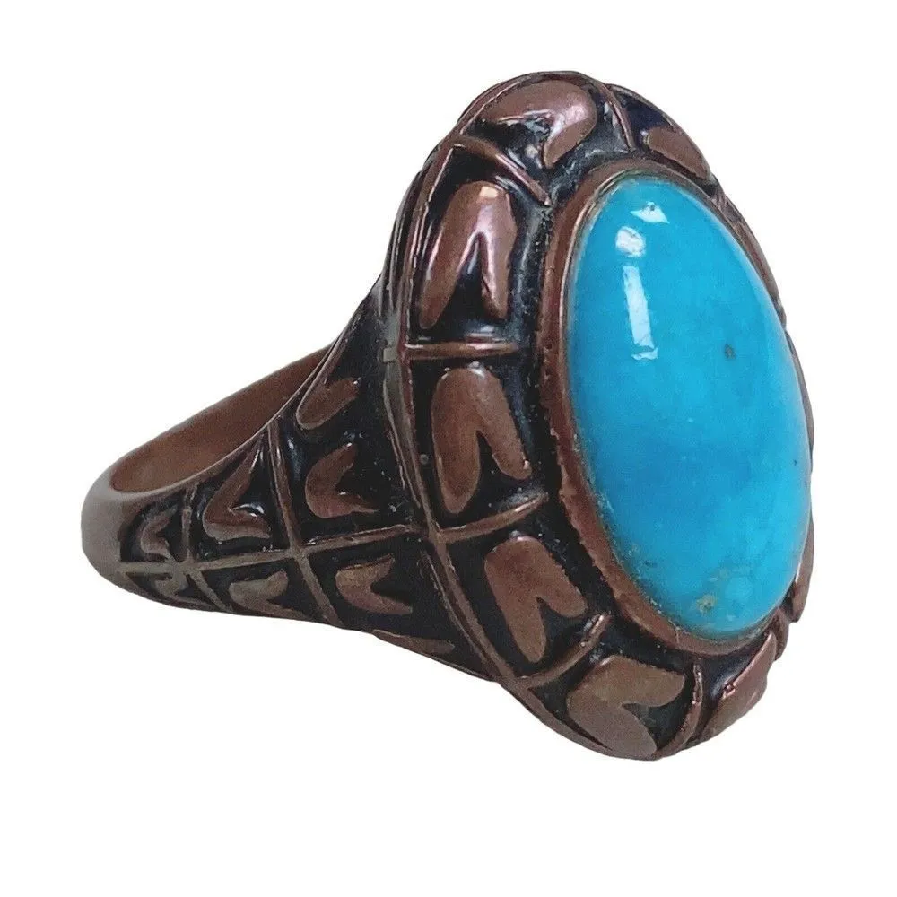 Vintage Copper Tone Faux Turquoise Cabochon Ring Sz 4.75 China Blue - Image 2