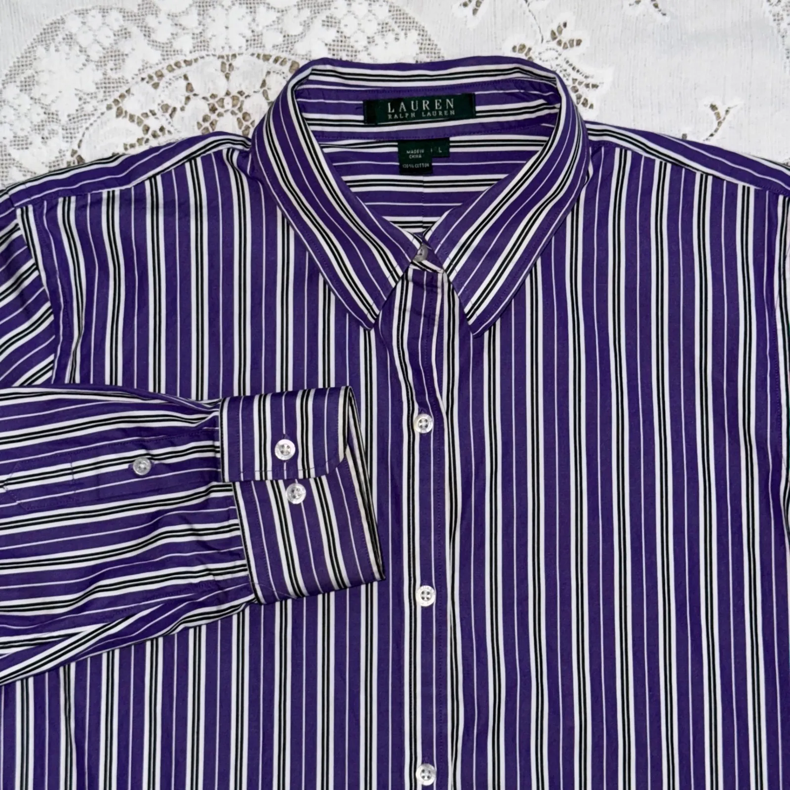 LAUREN RALPH LAUREN Women's Purple Stripe Button Down Shirt Size L Cotton - Image 2