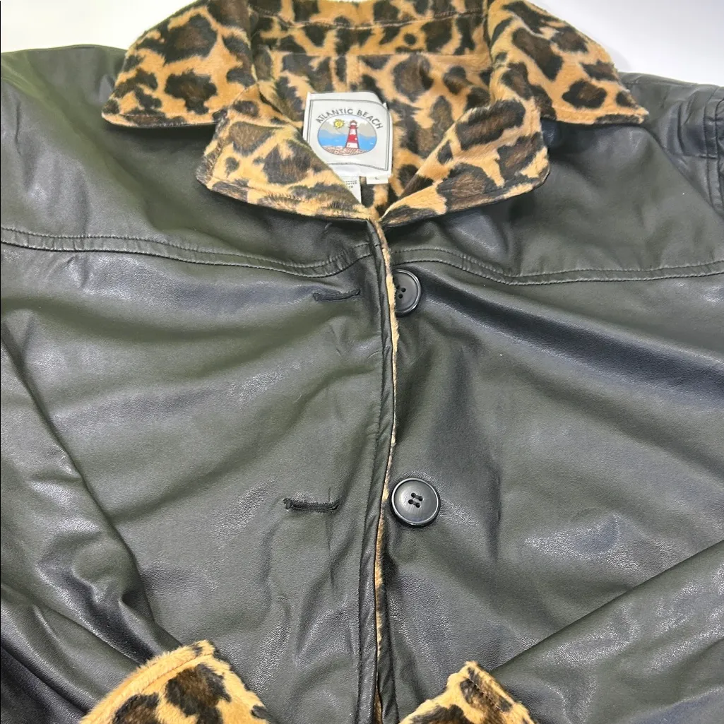 Leopard Print Lined Black Bomber Jacket Size L - Image 8