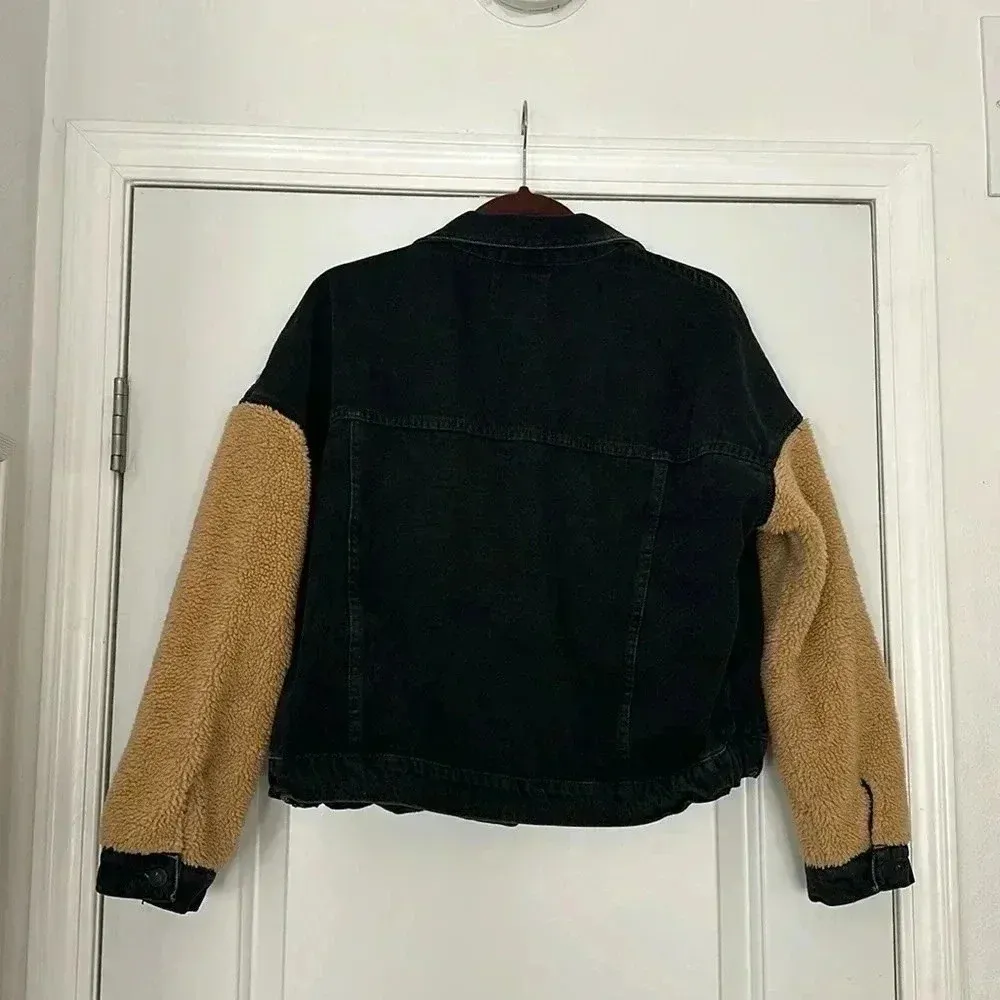 NWT Zara Black Denim Jacket with Sherpa Sleeves Sz M - Image 9