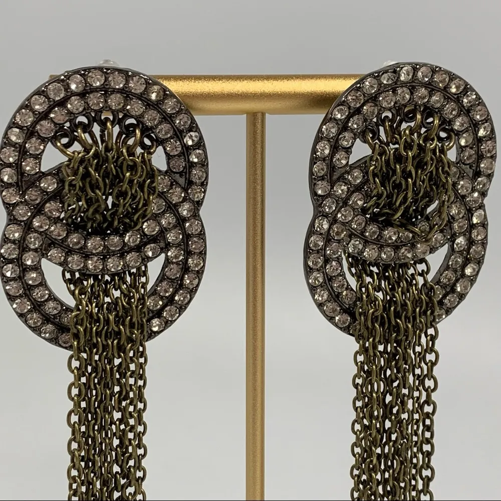 Antiqued Metal Rhinestone & Chain Dangle Long Statement Earrings Gold - Image 2