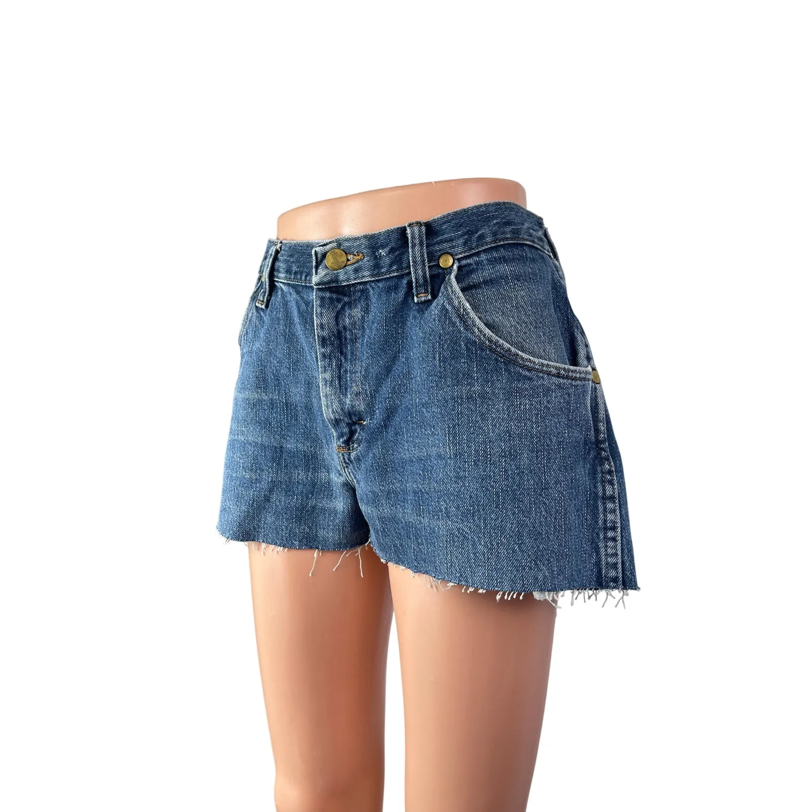 Wrangler Women's Blue Medium Wash High Waisted Cut Off Denim Jean Shorts Size 32 - Image 2