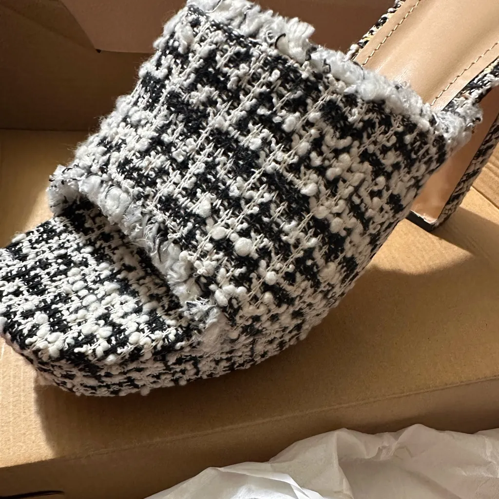 Tweed Platform Mule Heels Black White Chunky Block Heel Slip On Sandals NEW - Image 10