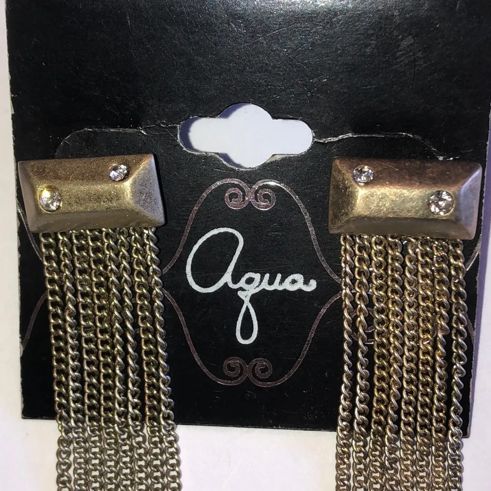 Aqua Satin Aged Gold Tone Dangling Chain CZ Rhinestone Boho Earrings - Image 2