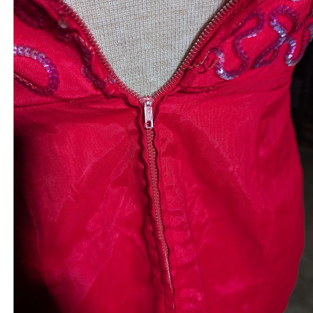 Vtg 1960s Red Chiffon Sequin Embellished Go Go Tiered Strappy Mini Dress Sz 2 4 - Image 5