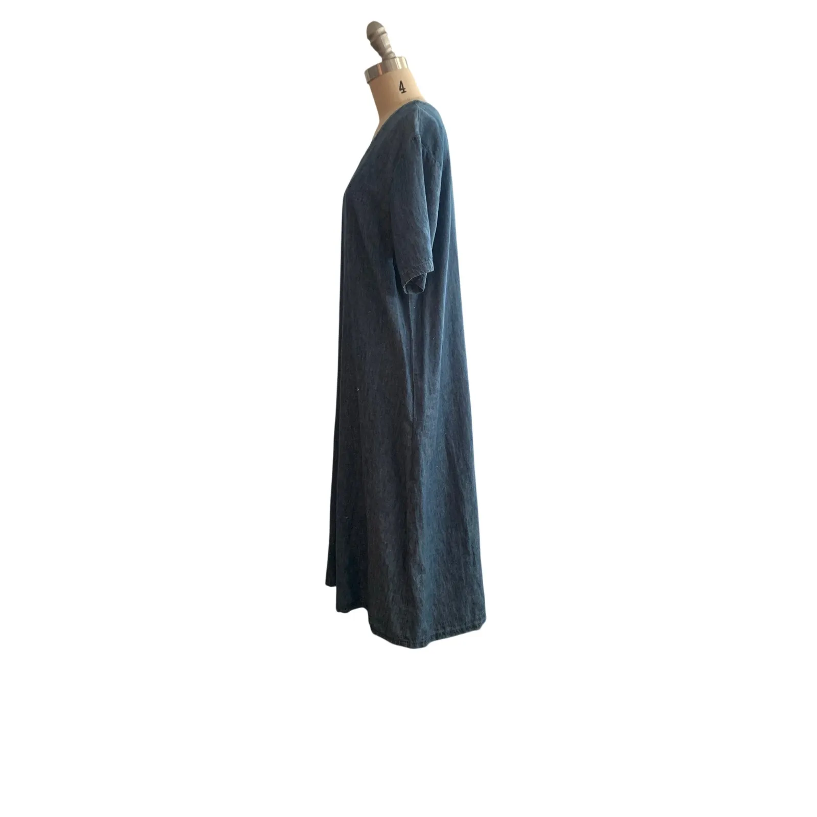 Liz Claiborne Size L Blue Chambray Linen Cotton Blend Maxi Dress Button Front V - Image 4