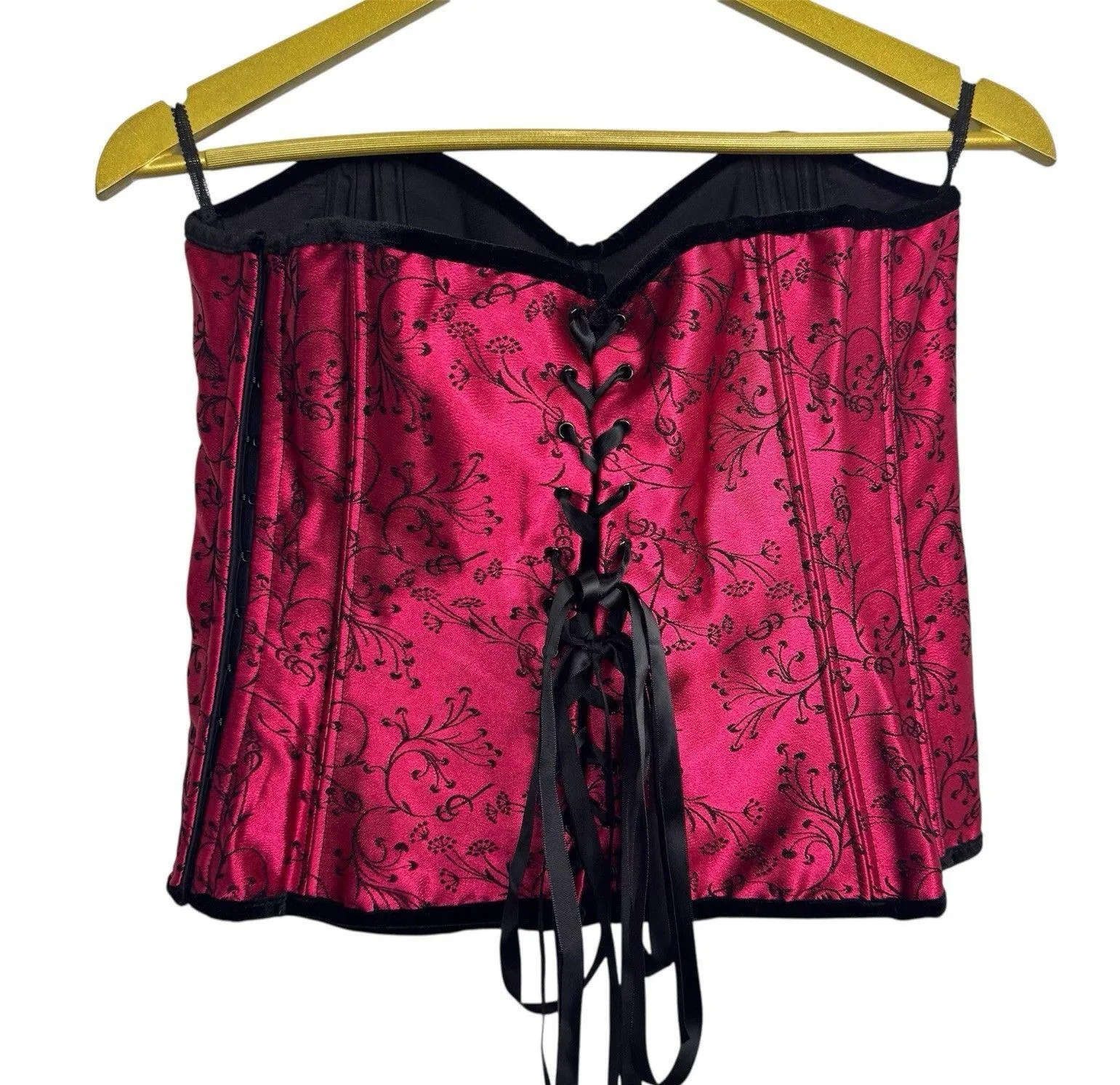 Shirley Satin Velvet Floral Lace Up Corset Top Size 34 Black Red Goth Vamp Y2K - Image 2
