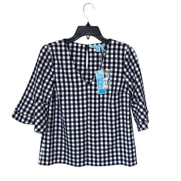 Draper James Womens Gingham V-Neck Bell Sleeve Blouse White Navy Size 2 NWT - Image 2