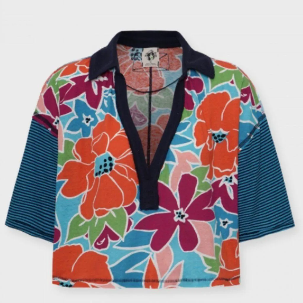 NWT Free People Floral Striped Collared On A Boat Boxy Crop Polo Shirt - Image 5