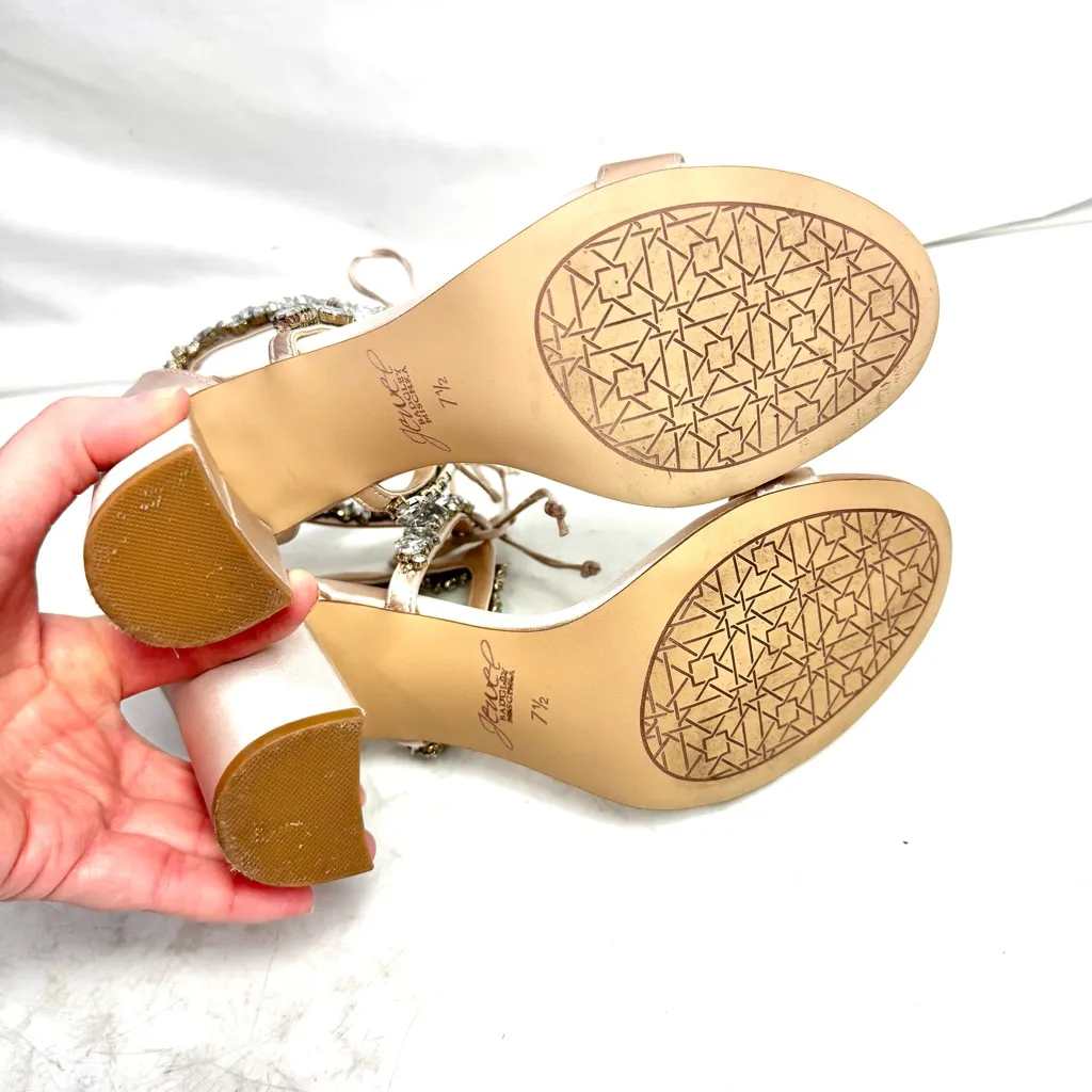 Badgley Mischka Jewel Champagne Satin Thamar Rhinestone Block Heels Size 7.5 - Image 7