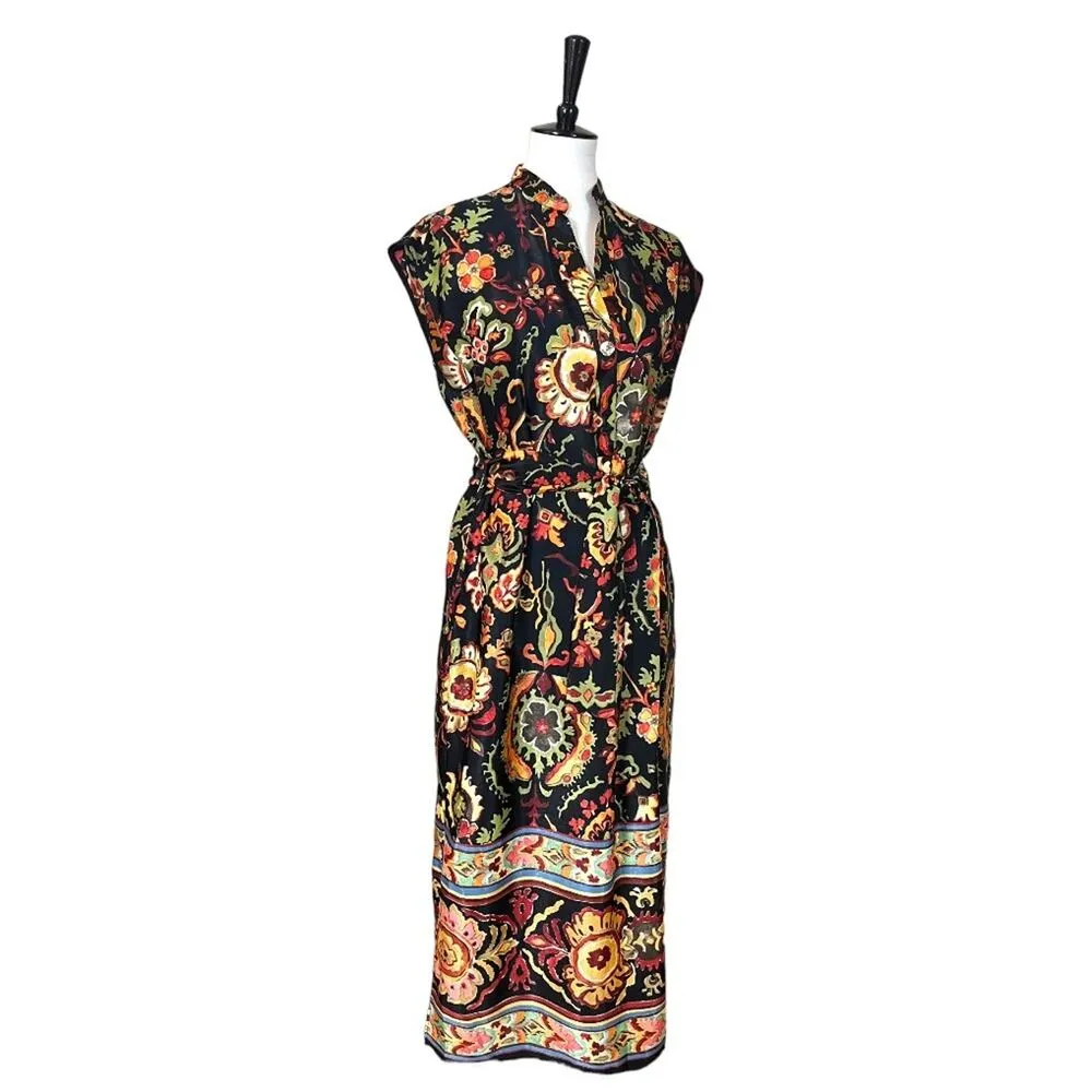 Zara Midi Dress V Neck Button Top Pockets Tie Waist Black Floral Satin Size XS - Image 2