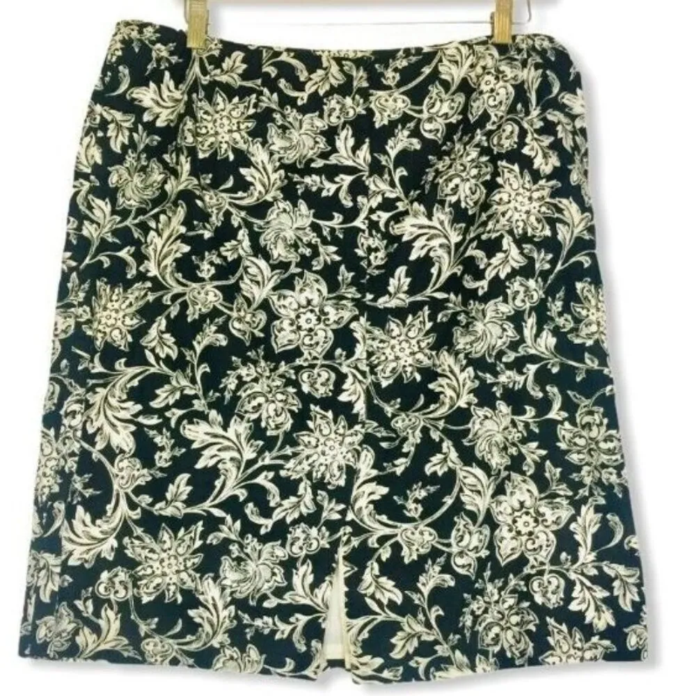 Talbots A-Line Skirt Multicolor Black Floral Back Slit 100% Cotton 16 Lined - Image 4
