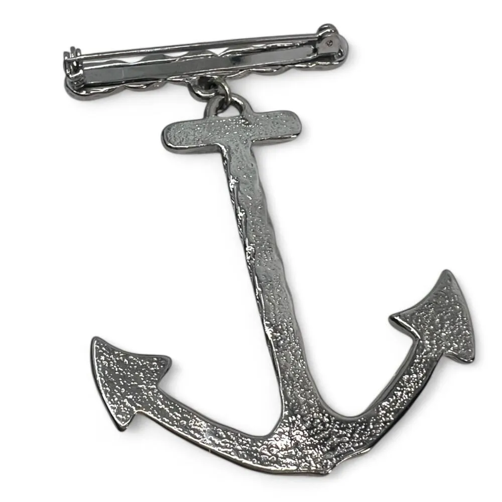 Vintage Pewter Bar Pin Dangling Anchor Brooch Sailor Nautical Silver Tone - Image 2