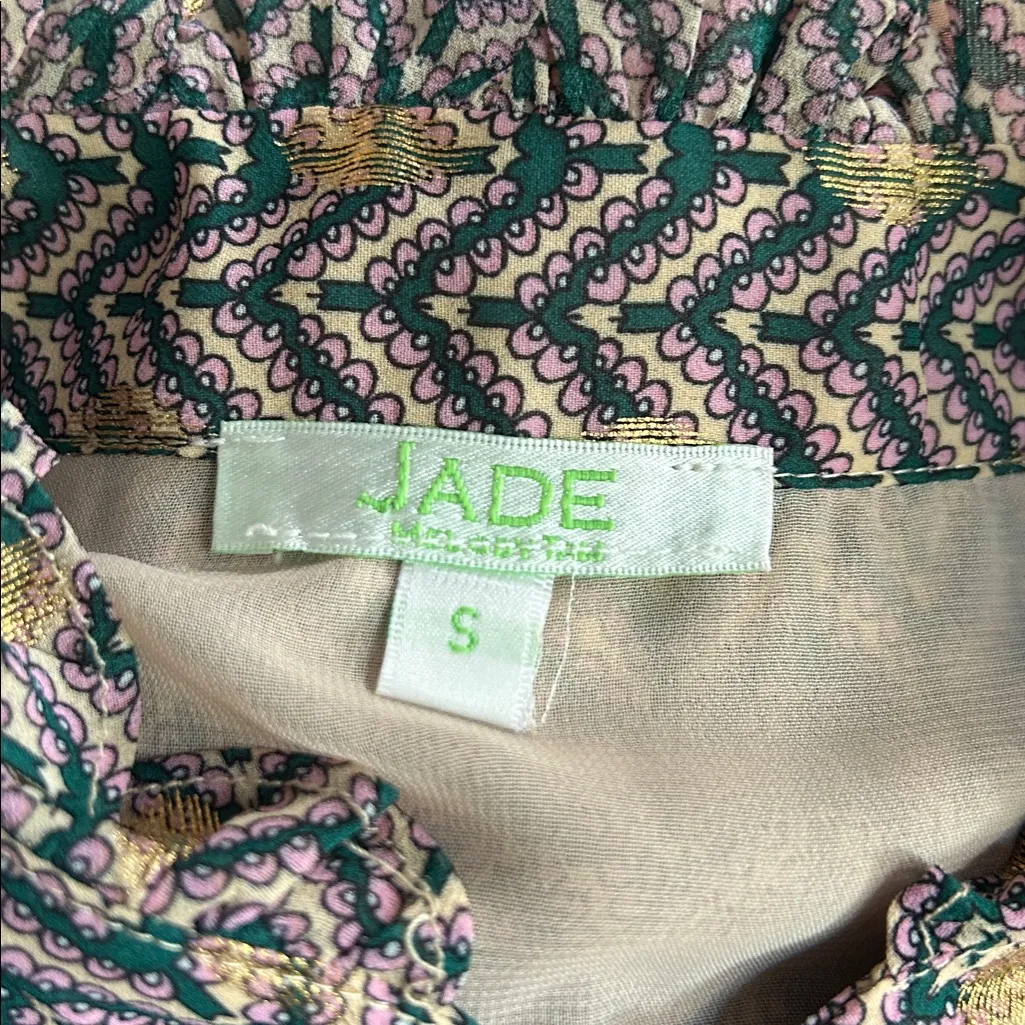 Jade Green/Gold/Lavender Geometric Patterned Blouse sz S Gold - Image 6