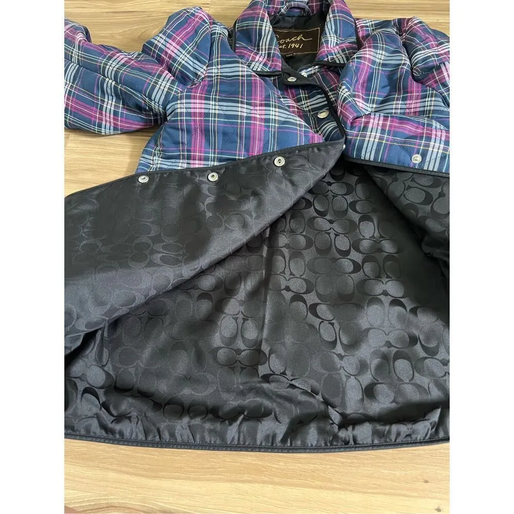 Coach Quilted Navy Blue & Purple Plaid Print Long Sleeve Snap Front Jacket Sz M - Image 8