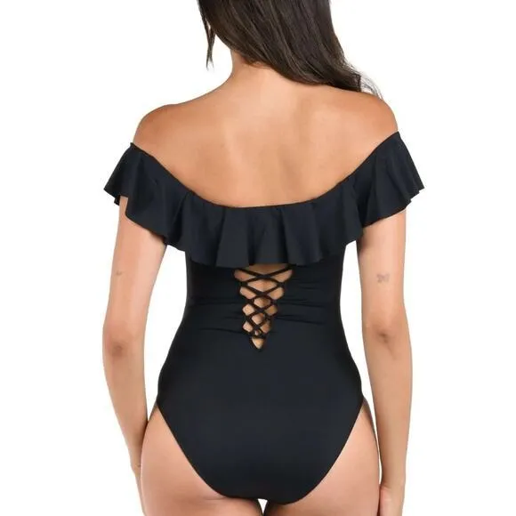 La Blanca $130 NWT Black Island Goddess Off Shoulder Ruffle One Piece S 4‎ - Image 2