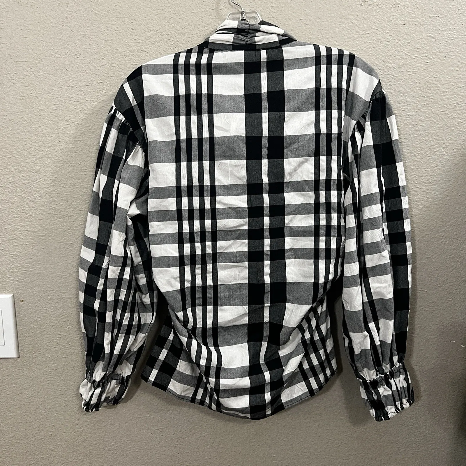 Zara Gingham Plaid Button Down Top Size Medium Black White Neck Bow Tie Preppy - Image 8