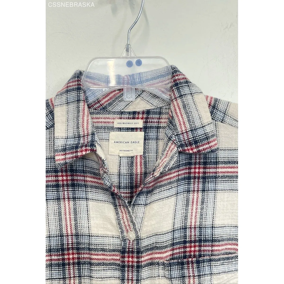 Women's American Eagle Cream/Blue/Red Plaid 100% Cotton Flannel‎ Shirt - Image 3