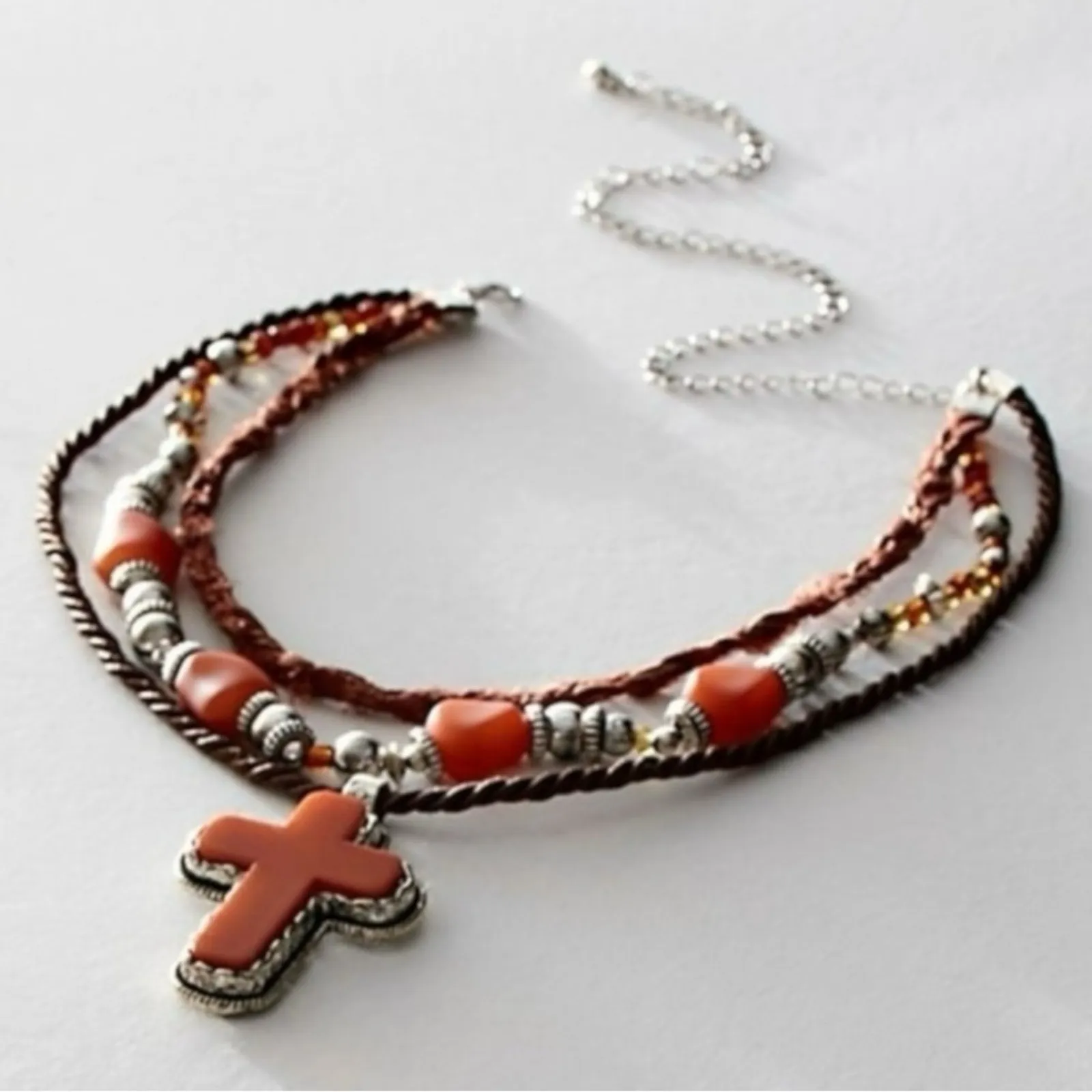 Free People Roadrunner Layered Necklace Amber Orange Brown Cross Western Boho - Image 10