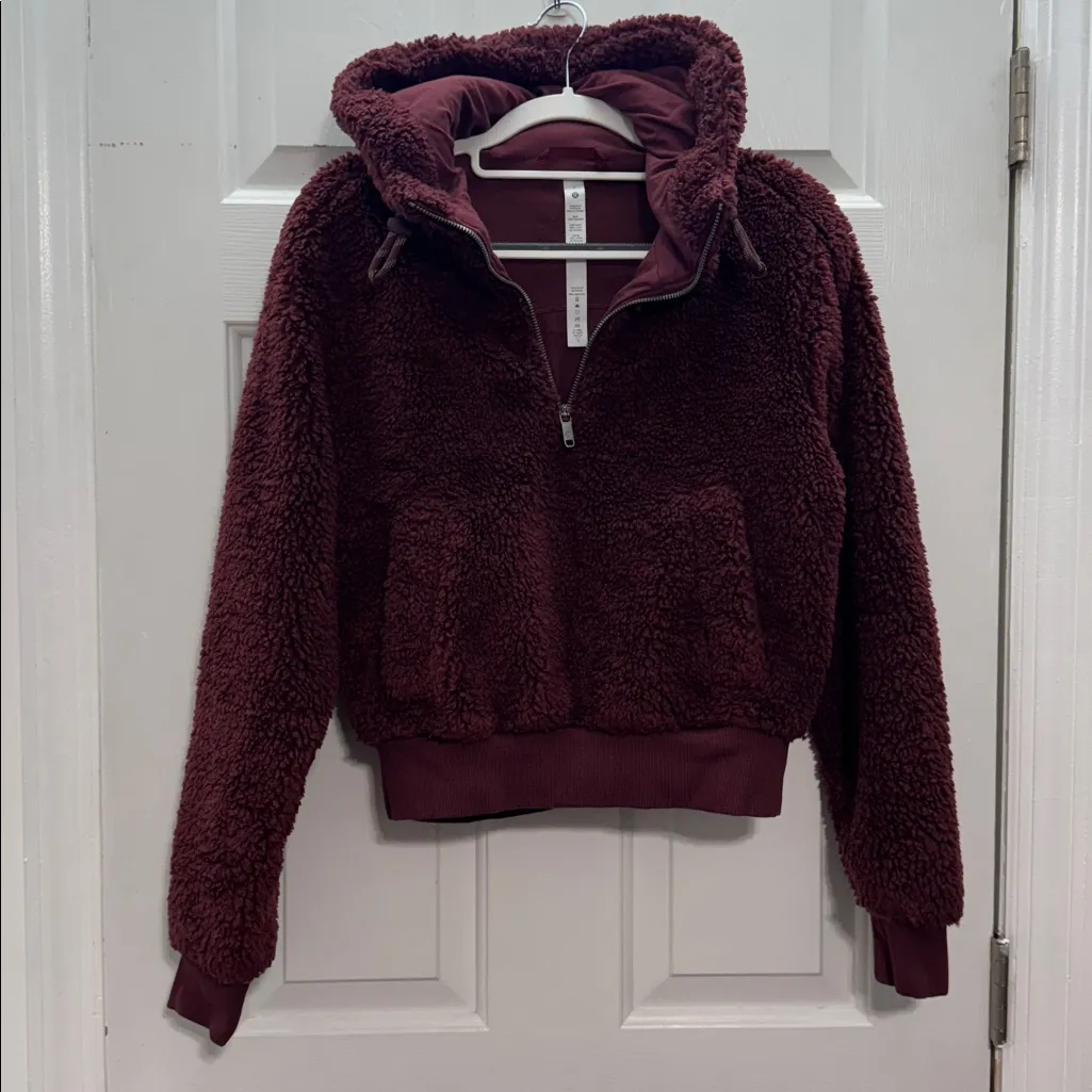 LULULEMON Textured Fleece 1/2 Zip Hoodie Red Merlot - Image 9