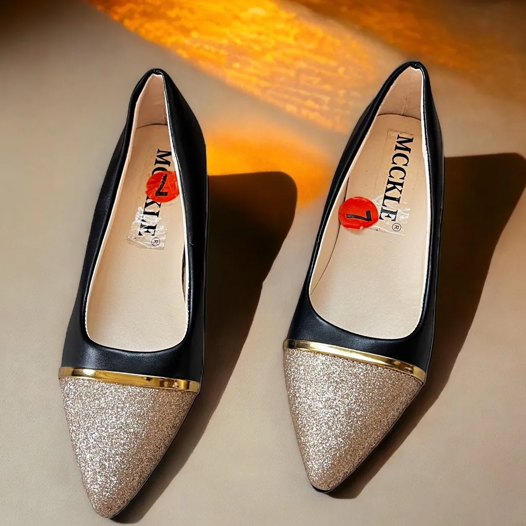 NEW MCCKLE POINTED TOE BLACK GOLD GLITTER SLIP ON FLAT Size 7 - Image 2