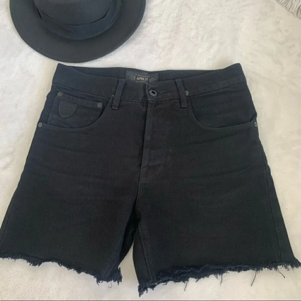 denim Womens Jean shorts butterfly buttons HIGH RISE 25 BLACK raw hem 𝅺APRIL77 - Image 5