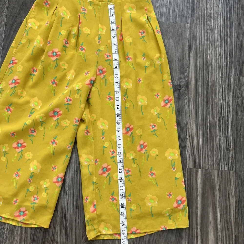 A New Day Marigold Yellow Floral Wide Leg Cropped Jumpsuit Size Small Cross Back - Image 3