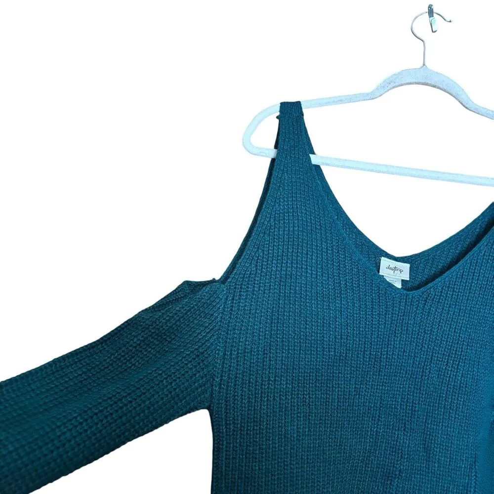 Daytrip Buckle Sweater Womens Medium Green Cold Shoulder Chunky Knit Pullover - Image 3