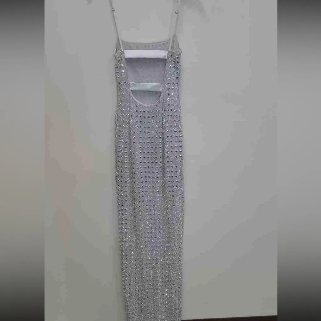 Oh Polly Prisha Silver Embellished Square Neck Evening Dress UK 6 US 2 NYE - Image 6