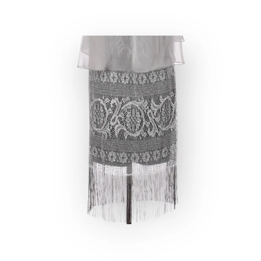 new SLNY SL ᯾ Cold Shoulder Cape Popover Fringe Cocktail Dress ᯾ Silver ᯾ Small - Image 9